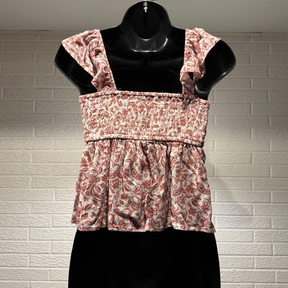 Hollister Floral Smocked Top Flutter Sleeve White Red XS - Picture 2 of 3